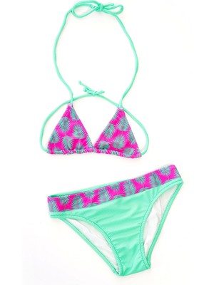 Rukomayo Yeşilyaprak Desenli Boyundan Bağlamalı Üçgen Çocuk Bikini
