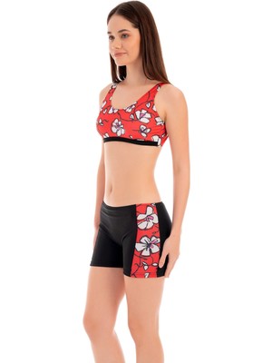 Ruko Mayo Rukomayo Siyah Kırmızı Çiçek Desenli Omuzdan Askılı Freeset Model Şortlu Lycra Kumaş Bikini