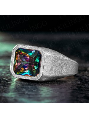 925 Ayar Gümüş Mistik Topaz Taşlı Sade Erkek Yüzük