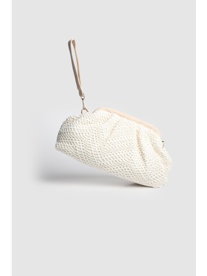 La'Graccio Paris Kadın Sofya Kadife Taşlı Portföy- Askılı Çanta Örme Krem