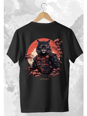 Unisex Siyah Oversize Limited Edition Samurai Cat Kedi Baskılı Tshirt