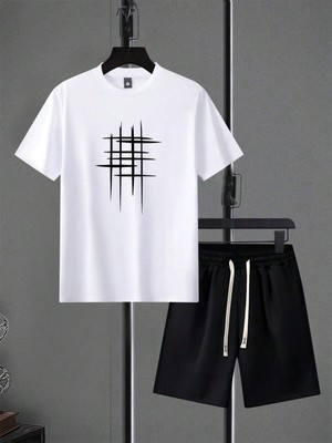 Beyaz-Siyah Unisex Overize Karesel Çizgili Tişört-Şort Takım