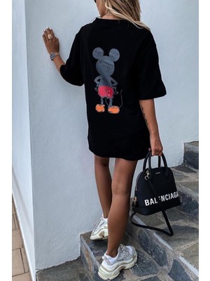 Oversize Kadın Siyah Mikey Mouse T-Shirt
