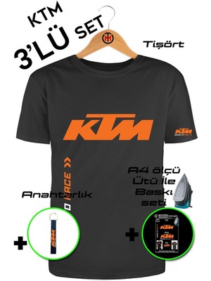 3'lü Set Ktm Racing Unisex Tişört-Anahtarlık-A4 Tekstil Baskı Seti