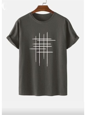 Antrasit Çizgi Baskılı Oversize Bisiklet Yaka T-Shirt