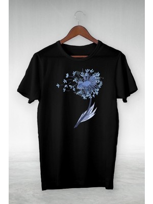 Siyah - Blue Sıngle Flower Baskılı Illustrasyon Tshırt - Vip Tasarım Tshirt