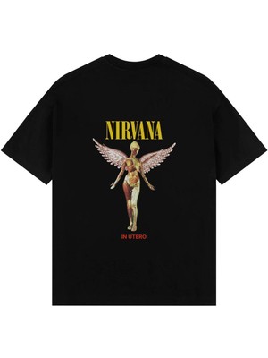 Unisex Yıkamalı Eskitme Kumaş Rock Müzik Nırvana Baskılı Tişört