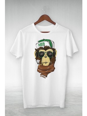 Beyaz - Weed Yeşil Şapkalı Atkılı Goril Çizim - Vip Tasarım Tshirt