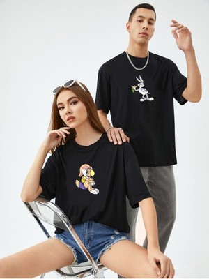 Siyah Unisex Ikili Buggs ve Lola Bunny Baskılı Oversize T-Shirt