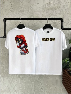 Never Stop Çift Taraflı Baskılı Beyaz Erkek Tshirt