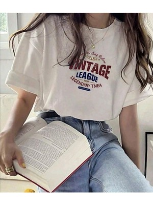 Beyaz Vintage Baskılı T-Shirt
