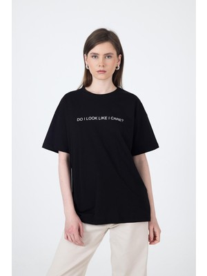 Siyah Yazı Baskılı Oversize Pamuklu Tişört 2150-5M