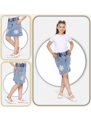 % 100 Pamuk-Yüksek Bel-Çift Düğmeli-Tül Zambak Süslemeli-Taş Yıkamalı-Kız Çocuk Kot Etek