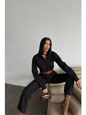 Gökyüzü Moda Tulum Kemerli Gömlek Yaka Uzun Kol Poplin Kumaş - Siyah