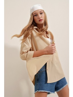 Gökyüzü Moda 3900 Oversize Uzun Basic Gömlek - Bej
