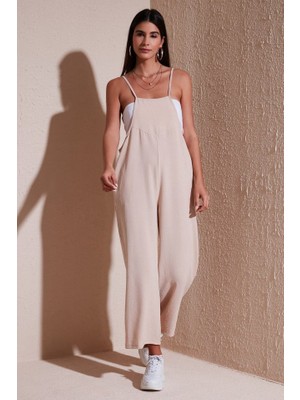 Gökyüzü Moda 7019 Askılı Bahçivan Tulum - Krem