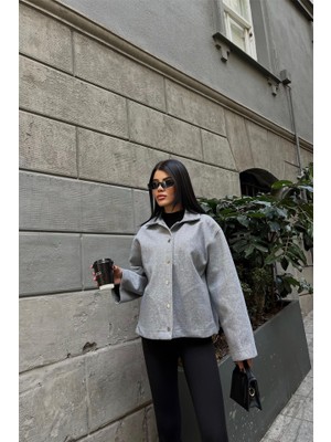 Gökyüzü Moda Kaşe Gömlek Ceket Yandan Cep Detaylı - Gri