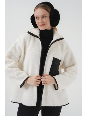 Gökyüzü Moda 55446 Fermuarlı Oversize Peluş Ceket Mont - D. Siyah