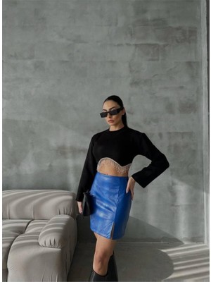 Gökyüzü Moda Kapitone Deri Etek Yırtmaçlı - Saks