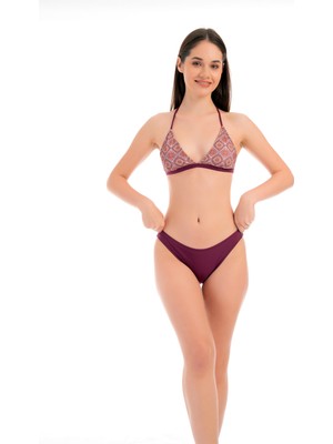 Rukomayo Bordo Desenli Boyundan Bağlamalı Lycra Kumaş Üçgen Bikini