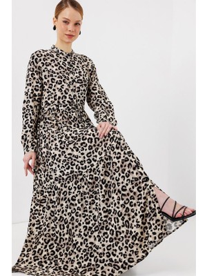 Gökyüzü Moda 2144 Hakim Yaka Tesettür Elbise - K. Bej