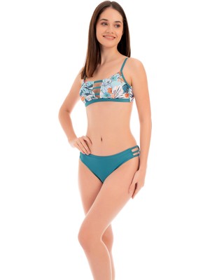 Rukomayo Yeşil Çiçek Desenli Göğüs Detaylı  Omuzdan Ayar Askılı Freeset Model Lycra Kumaş Bikini
