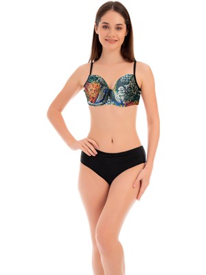 Rukomayo Siyah Etnik Desenli Omuzdan Ayar Askılı Kaplı Lycra Kumaş Bikini