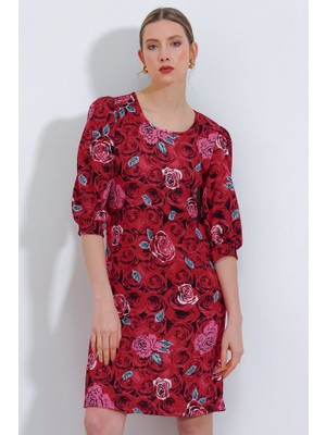Gökyüzü Moda Bordo Gül Desenli Midi Elbise 2477