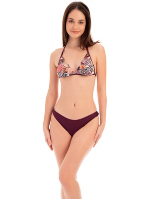 Rukomayo Bordo Çiçek  Desenli Boyundan Bağlamalı Lycra Kumaş Üçgen Bikini