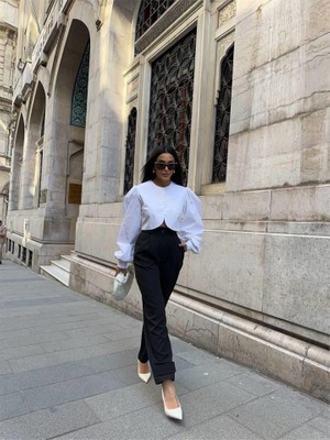 Gökyüzü Moda Paçası Cırtlı Pantolon - Siyah