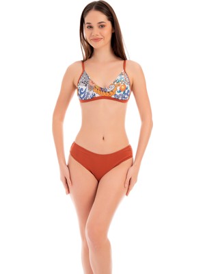 Rukomayo Taba Çiçek Desenli Omuzdan Ayar Askılı Freeset Model Lycra Kumaş Bikini