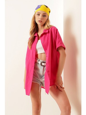 Gökyüzü Moda 20120 Oversize Kısa Kollu Gömlek - Fuşya