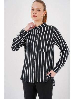 Gökyüzü Moda Uzun Kollu Çizgili Gömlek 20283 - Siyah