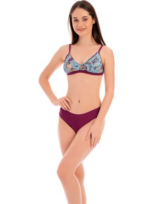 Rukomayo Bordo Çiçek Desenli Omuzdan Ayar Askılı Freeset Model Lycra Kumaş Bikini
