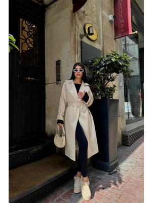 Gökyüzü Moda Süet Uzun Kaban - Taş