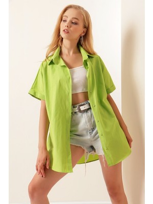 Gökyüzü Moda 20120 Oversize Kısa Kollu Gömlek - A.yeşil