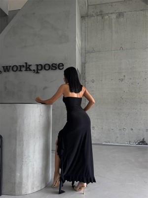 Gökyüzü Moda Strablez Sandy Elbise Yanları Katlı - Siyah