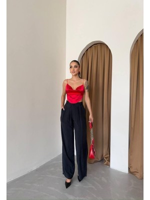 Gökyüzü Moda Pile ve Cep Kapak Deyalı Salaş Pantolon - Siyah