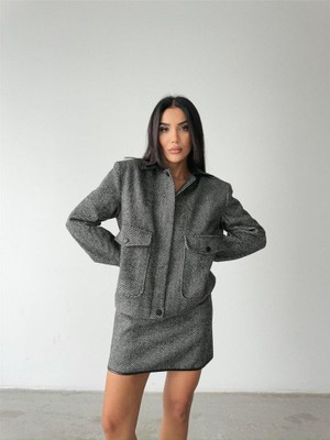 Gökyüzü Moda Balıksırtı Kaşe Fermuarlı Ceket Kısa - Siyah