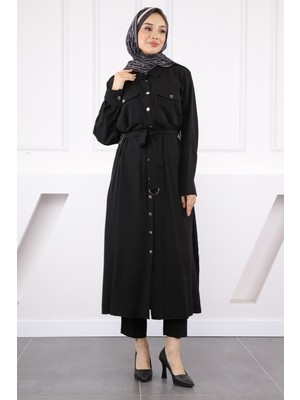 Siyah Bel Kemerli Gömlek Elbise