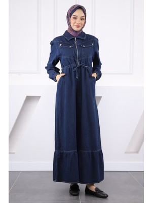 Koyu Mavi Bel Bağlamalı Ön Fermuarlı Kot Elbise