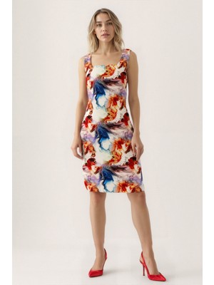 Kare Yaka Kalın Askılı Desenli Elbise