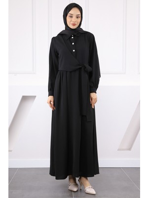 Siyah Yan Bağlamalı Linda Elbise
