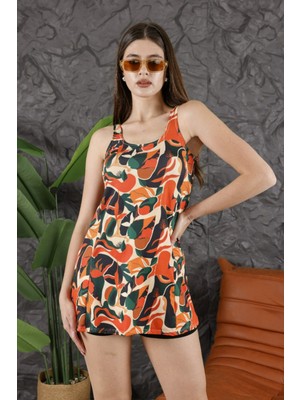 Toparlayıcı Etekli Şortlu Mayo Yaprak Desenli