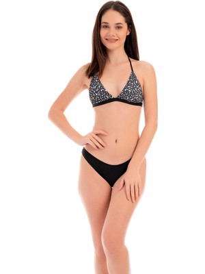 Rukomayo Siyah Çakıl Desenli Boyundan Bağlamalı Lycra Kumaş Üçgen Bikini