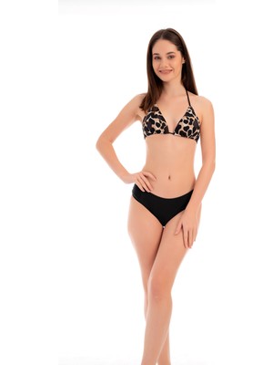 Ruko Mayo Rukomayo Siyah Leopar  Desenli Boyundan Bağlamalı Lycra Kumaş Bikini