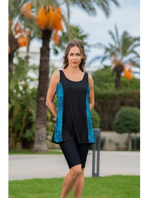 Rukomayo Siyah Mavi Desenli Büyük Beden Omuzdan Askılı Lycra Kumaş Taytlı Tankini