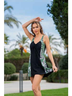 Rukomayo Siyah Desenli Büyük Beden Büzgülü Omuzdan Askılı Lycra Kumaş Elbise Mayo