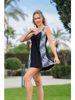 Rukomayo Siyah Leopar Desenli Büyük Beden Büzgülü Omuzdan Askılı Lycra Kumaş Elbise Mayo