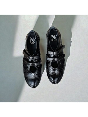 Siyah Kırışık Rugan Cırtlı Hakiki Deri Babet